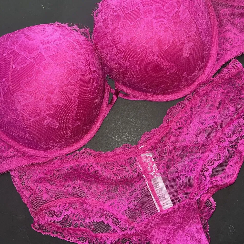 Victoria's Secret 36D BOMBSHELL BRA SET M Panty OUTRAGEOUS HOT PINK FLORAL LACE